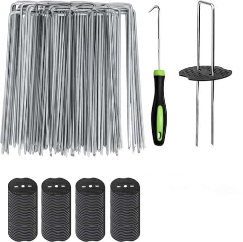 120Pcs Weed Control Membrane Pegs + 120Pcs Buffer Washer, 6/150mm Weed Control Membrane Pegs with Gasket Metal Garden Landscape Staples for Weed Barrier Sod Fabric Decorations (120pcs)