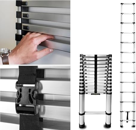 Drabest Escalera Telescópica de Aluminio con Ganchos de Fijación – Extensible, Plegable de Aluminio - 13 peldaños - Altura 3,8m