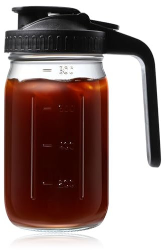 Jarra Mason Jar de agua de vidrio de boca ancha con tapa de asa, jarra de leche materna de 32 onzas para té helado, jugo, mezcla, café frío