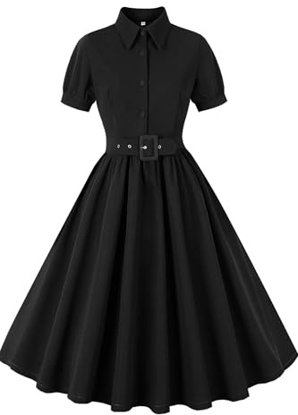 AXOE Damen Rockabilly Kleid 50er Jahre Vintage A-Linie mit Gürtel Knöpfen für Festliche Party Alltag Schwarz, Gr.38, M