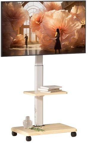 DEOPXF Mobile TV Stand for 32-75 Inch LED Flat Screen/Curved TV Height Adjustable Rolling Floor TV Stand with Wheels Portable TV Cart for Home Office Living Room(White)
