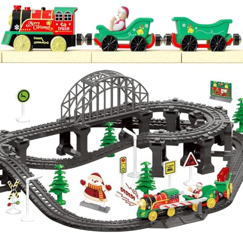 Weihnachtszug-Set für Kleinkinder, Elektrisches Zugspielzeug für Holzschienen, Batteriebetriebener Spielzeugzug mit Musik & Beleuchtung, Motorisierter Zug kompatibel mit Brio, Thomas & Seine Freunde