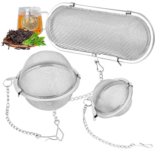 3 Stück Gewürzsieb, Edelstahl Teesieb, Gewürzsieb zum Mitkochen mit Kette, Gewürzkugel, Tee Ei Sieb für Losen Tee, Gewürze und Gewürze (Elliptisch, Kreisförmig)