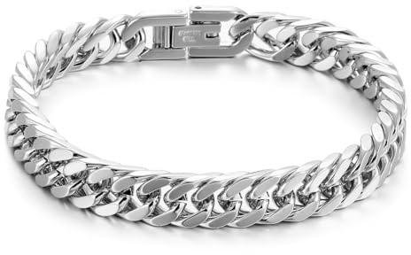 RWQIAN Mens Sturdy Bracelet 8mm Silver 316L Stainless Steel 18cm Mens Cuban Link Chain Bracelet Thick Hip Hop Jewelry with Strong Clasp for Men Boy Women