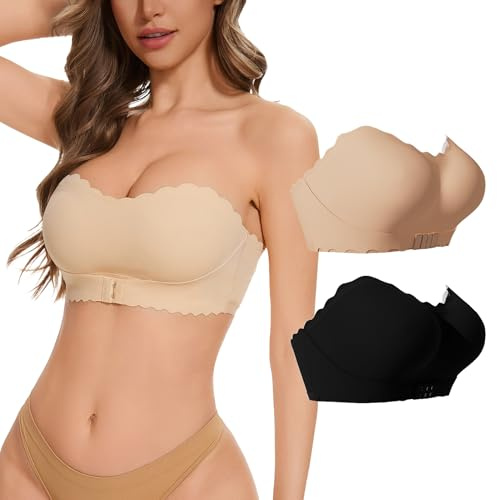 2er Damen Trägerloser BH mit Bügel Durchsichtig Nahtloser Dirndl Bandeau BHS mit Transparente Träger EIN Paar Klebe-BH Strapless Bra - S