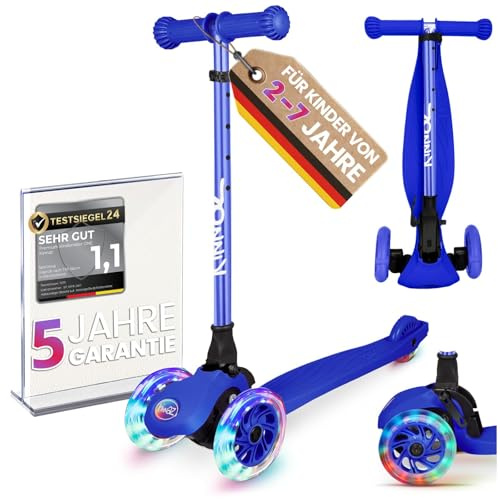 Kinderroller kinnaz ONE, 2-7 Jahre, LED Räder, Faltbar, Mitwachsend, Höhe einstellbar, Diebstahlschutz, abgerundete Kanten,Roller für Kinder Bremse mit Griffschutz, erweiterer Service, aus Hamburg