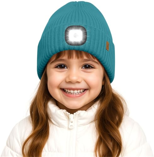ATNKE Kinder LED Beleuchtete Mütze mit Licht,USB Wiederaufladbare 4 LED Laufmütze Freihändig Stirnlampe Winter Warm Fleece Gefüttert Strick Mütze Geschenke für Jungen und Mädchen
