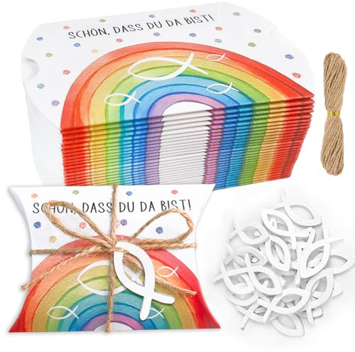 50 Stück Gastgeschenke Kommunion/Konfirmation, Schön, dass du da bist - Kleine Kissenschachteln mit Regenbogen und Fischmotive, Gastgeschenke Verpackung für Kommunion/Konfirmation/Taufe