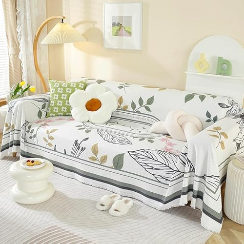 Surwin Jeté de Canapé Grande Taille, Housse de Canapé d'angle 1 2 3 4 Places en Forme de L, Réversible de Serviette Anti-Poussière, Printemps Universel Protege (Feuilles,180x230cm)