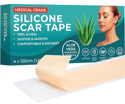 Medical Grade Silicone Scar Tape Aloe Vera | 4cm x 1.2M | Silicone Scar Sheets for After Surgery C Section Recovery, Face Treatment Gel Patches/Plasters