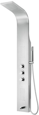Erfu Duschpaneel 1600 x 200 x 65 mm – Thermostat, Wasserfall, Regendusche, Massagedüsen, Handbrause – modernes Design aus Edelstahl (Chrom matt)