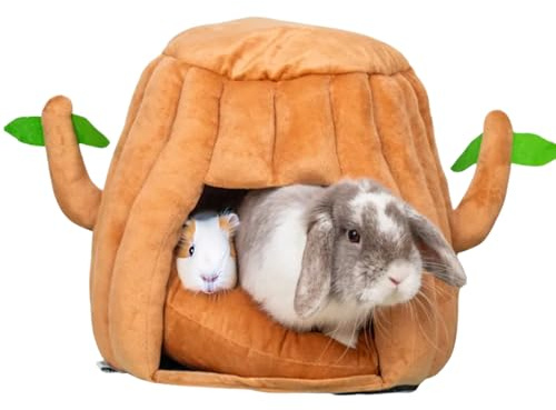 Hopp'd™ Guinea Pig Hideout & Bed – 2-in-1 Washable Tree Stump House | Rat, Ferret, Hamster, Bunny Bed Hideout | Waterproof, Anti-Slip, Chew-Proof | Free Pillow | Small Animal Accessories (Small)