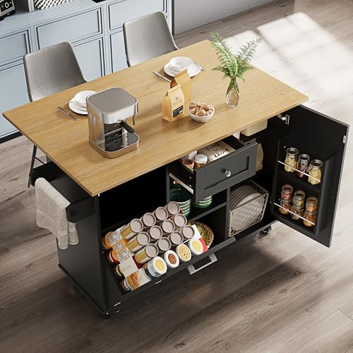 Zubaliya Îlot de Cuisine Moderne 142 x 40-63x 87cm avec établi Pliable et Emplacement des poubelles,Meuble de Cuisine avec tiroirs,Chariot de Salle à Manger avec étagères à collation,Noir