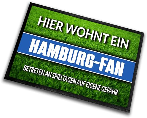 Fußmatte Rasenoptik für Fußball Fans | Hier wohnt EIN Hamburg Fan - Betreten an Spieltagen auf eigene Gefahr! | Türmatte mit Spruch | 60x40cm | für innen und außen | Vorleger für Haustür/Flur