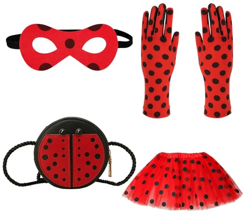 JazRvr Ladybug Kostüm Mädchen 4-teiliges Set, Lady Bug Kostüm Kinder für Halloween, Karneval, Geburtstagsparty, Rollenspiele, Marienkäfer Zubehör mit Tasche, Handschuhen, Rock und Maske