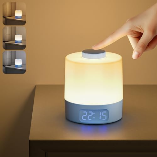 WOBANE Lamparas de Mesita de Noche sin Cable, Luz Recargable con Reloj | 3600 mAh, Regulable, 3 Temperaturas de Color, Lámpara de Bebé para Dormitorio, Mesa, Salón, Oficina