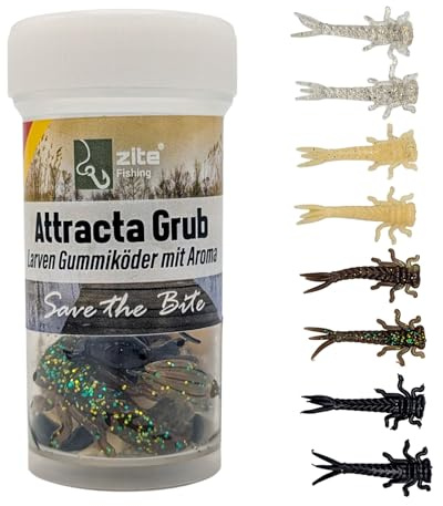 Zite Fishing Attracta Grub Forellenköder Gummi | Naturmix Larvenimitat 5 cm | 8 Stück | Knoblauch & Käse Flavour | Made in Germany | Phthalatfrei | Twitchköder am Tungsten Jighaken