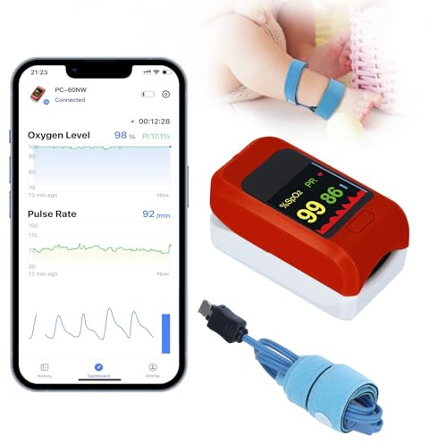 Fingertip Pulse Oximeter with Bluetooh App, Tracks Baby's Heart Rate, Oxygen Level, Adjustable Foot Band for 0-36 Months Infant, Non-Medical Use Only