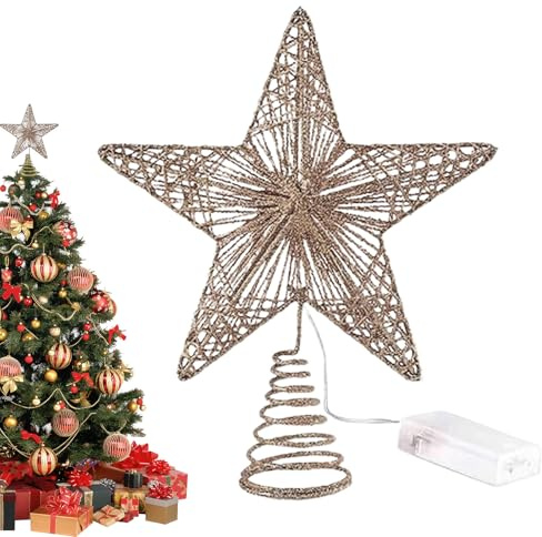 Punta para árbol de Navidad con iluminación – Alimentado por batería LED Decoración para adornos – Estrella de 5 puntas para árbol de Navidad | Para casa, interior, fiesta, oficina, bar, vacaciones de