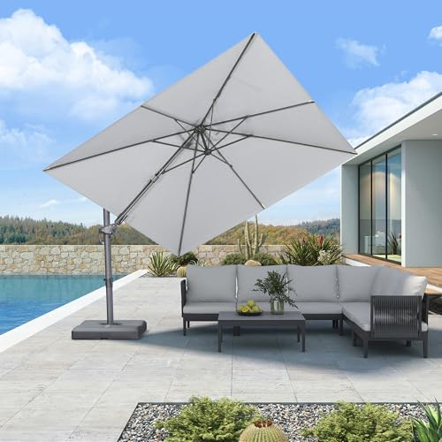 PURPLE LEAF Parasol Déporté 3 x 3 m Toile Imitation Acrylique Gris Galet | Inclinable des deux côtés, S’adapte à la course solaire, Protection UPF 50+, Rotation à 360°, Parasol de jardin extérieur