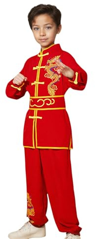 Traditional Chinese Martial Arts Uniform Dragon Embroidered Kung Fu Training Outfit for Boys and Girls (Red, 3-5T)