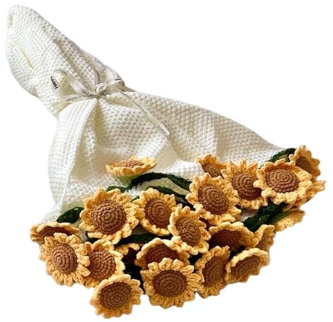 CAKEEYUM Coperta di fiori all'uncinetto 32 coperta rotonda con bouquet di fiori di girasole per compleanno, San Valentino, donne, mamma, sorella, moglie, bouquet, uncinetto, fiore