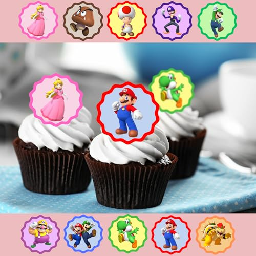 Mario Themed Wafer Rice Paper Cupcake Topper Cake Decoration Pack of 20