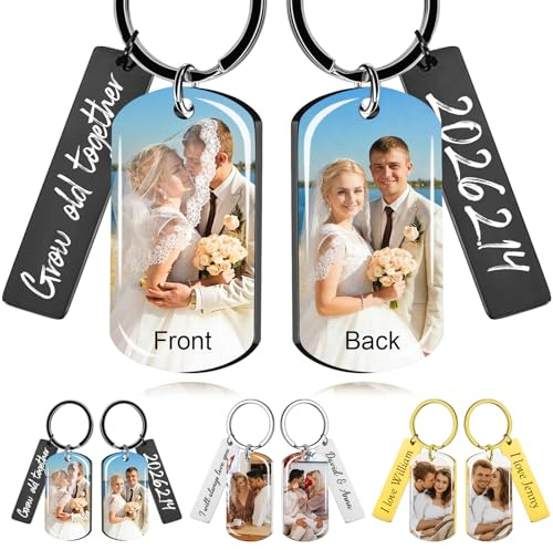 Porte Clef Personnalisable Photo, Porte Clés Personnalisé Photo et Texte Gravé, Idéa Cadeau Personnalisé Original pour Papa Femme Famille Garçon Fille (Noir)