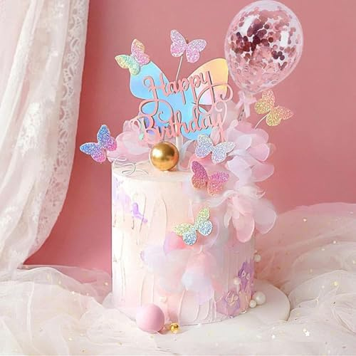ZWLIYCHN Schmetterling Kuchendeko 12 Stück, 3D Gradient Sequins Schmetterling Torten Deko, Roségold Konfetti Bunt Tortendeko, Cake Toppers für Geburtstag, Hochzeit, Party, Mädchen Tortendekoration