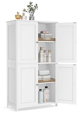 VASAGLE Mobiletto da Bagno, Armadietto con 2 Ripiani Regolabili, Portaoggetti con 4 Ante, Unità Alta Autoportante, per Cucina, Bianco Nuvola BBC553WH01