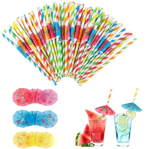 50 Pcs Biodegradable Paper Cocktail Straws with Umbrellas, 7.8 Inch Disposable Drink Straws for Summer Party Tropical Luau Birthday Drinks Decoration, Eco Friendly