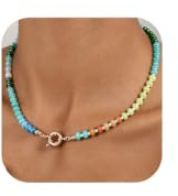 DAILI Colorful Beaded Necklace for Women, Rainbow Resin Bead Choker Necklace Lightweight Gemstone Beaded Necklace Statement Boho Jewellery for Women Girls Summer, Beach & Daily Use (Seafoam)