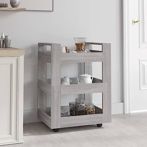 Bendmaxx Köksvagn grå Sonoma trämaterial 60 x 45 x 80 cm, 3 hyllor, rullvagn med 4 hjul för köksö, serveringsvagn, arbetsvagn, förvaringsutrymme