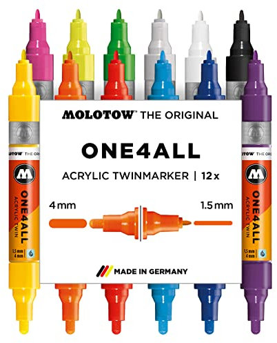 Molotow One4All Acrylic Twin Marker Main-Kit 1 (Strichstärke 1,5 mm und 4,0 mm, hochdeckend und permanent, UV-beständig, für fast alle Untergründe) 12 Stück sortiert