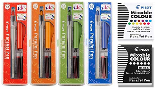 Pilot Parallel Calligraphy Pen Set, 1.5 mm, 2.4 mm, 3.8 mm and 6 mm with Bundle Ink Cartridge Plus 1 Extra Pack of 12 ASST Refills and 1 Pack of 6 Black Refills.