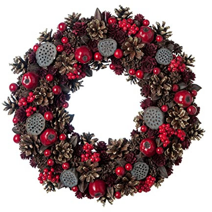 Türkranz rund mit Zapfen Beeren Äpfel und Goldglitzer ø 34 cm - Herbst - Winter H26A