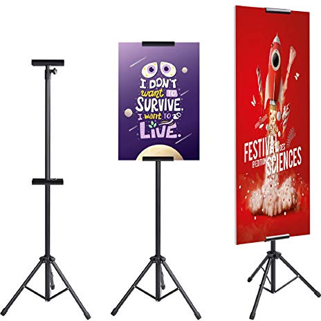 AKTOP Heavy Duty Tripod Banner Stand, Adjustable Poster Stand Retractable Height Up to 79.9 inches, Double-Sided Floor Standing Sign Holder for Board Sign Display