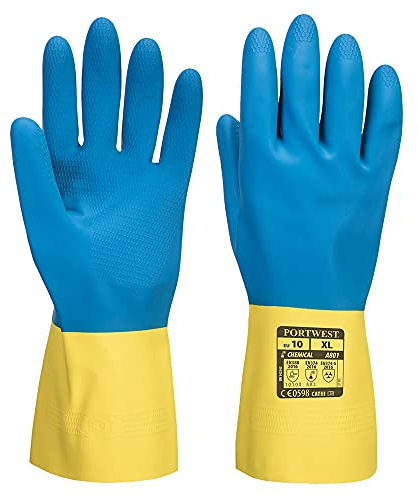 Portwest A801 Doppelt Getauchter Latexhandschuh Velourskaschiert Industrie | Gelb/Blau, S, CE-Zertifiziert, EN 388 (1010X), EN ISO 374-1 Typ A, 300mm Länge, Chemikalienbeständige Stulpe