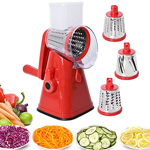 TJC Rotary Cheese Grater Handheld Vegetable Slicer with 3 Stainless Steel Drum Blades - Carrot Grater for Kitchen - Slicer Shredder for Cucumber & Nuts - Strong Suction Base & Easy to Use - Red
