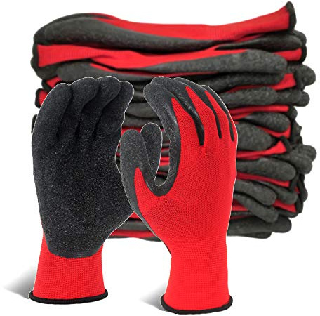 Evridwear Crinkle Latex Rubber Hand Coated Safety Work Gloves for Men Women General Multi Use Construction Warehouse Gardening Assembly Landscaping,Red Medium 12 Pairs Pack