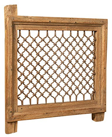Fenster Gitter aus Massivholz und Eisen Antik und Alt Mittelalter mit Rahmen für Innen oder Außen L68 x PR7 x H72 cm