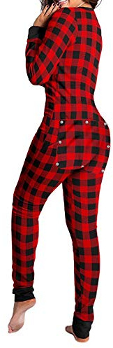 Mieeyali Damen Sexy Butt Button Back Flap Jumpsuit V Ausschnitt Langarm Strampler Bodycon Pyjama Onesies