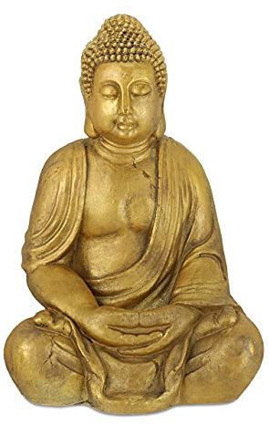 relaxdays Statue de Bouddha Jardin, résistant aux intempéries et au Gel, Assis, Objet déco XL, HLP 70 x 45 x 35 cm, doré