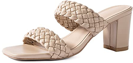 N.N.G Braided Heeled Sandals for Women 3 Inch Chunky Block Heel Square-Toe Dress Shoes, Cream Size 8 Summer Soft Synthetic Leather Sandals for Work, Wedding Night Out