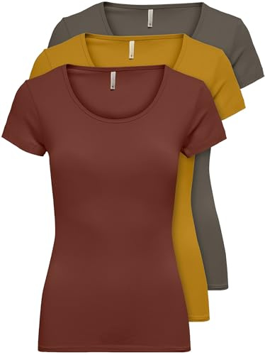 ONLY 3er Pack Damen T-Shirt schwarz oder weiß Kurzarm lang Basic Sommer T-Shirts XS S M L XL 15209153 (Farb Mix 6, M)