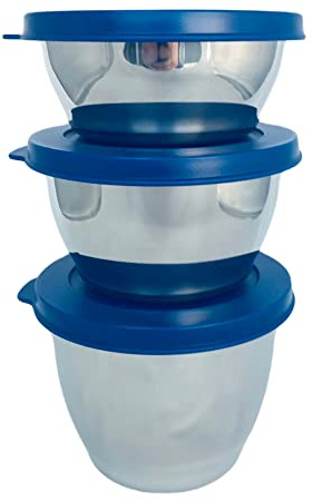 Tupperware SET (3) Tiffin 200 ml + 300 ml + 450 ml Edelstahl metall silver dunkel blau Deckel - Clear Collection Schale Kühlschrank Dose Box Behälter
