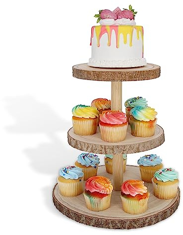7Penn Wooden Cupcake Stand Rustic Dessert Table Display Set - 3 Tiered Tray Stand Decor for Cake, Cupcakes, Cookies, Crafts - Tabletop Boho Display Shelf for Weddings, Vendor Fair, High Tea, Birthday