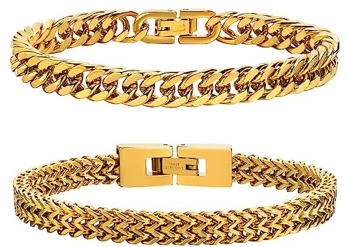 Herren Armband Edelstahl Armbänder Panzerkette - 2 Stücke Silber Schwarz Gold Herrenarmbänder für Männer Jungs Kubanische Armband 8mm Breite 19cm/21cm/23cm Länge Geschenke für Ehemann Papa Sohn Bruder