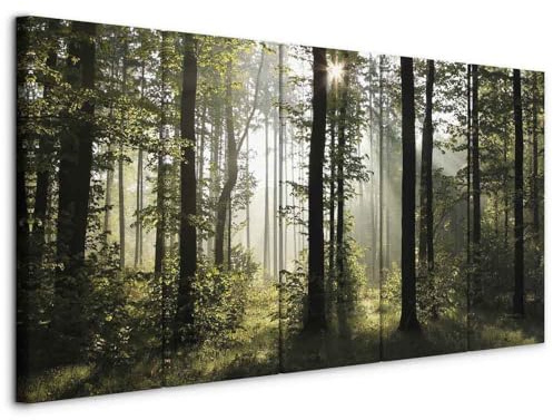 B&D XXL - Akustikbild Wald 100x40cm 5 tlg Bilder Akustikschaum Schallschutz Wand Akustikpaneele Wandpaneele Schalldämmung Wandbild Schallabsorber Akustikplatten Waldlandschaft Natur Baum c-B-0288-b-m