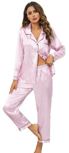 Leikar Pijama de seda de manga larga para mujer, conjunto de pijama suave con botones